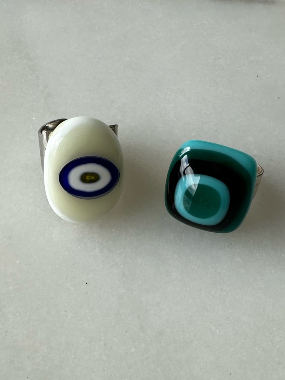 Striking 70’s Style White & Blue Glass Evil Eye Rings - Adjustable